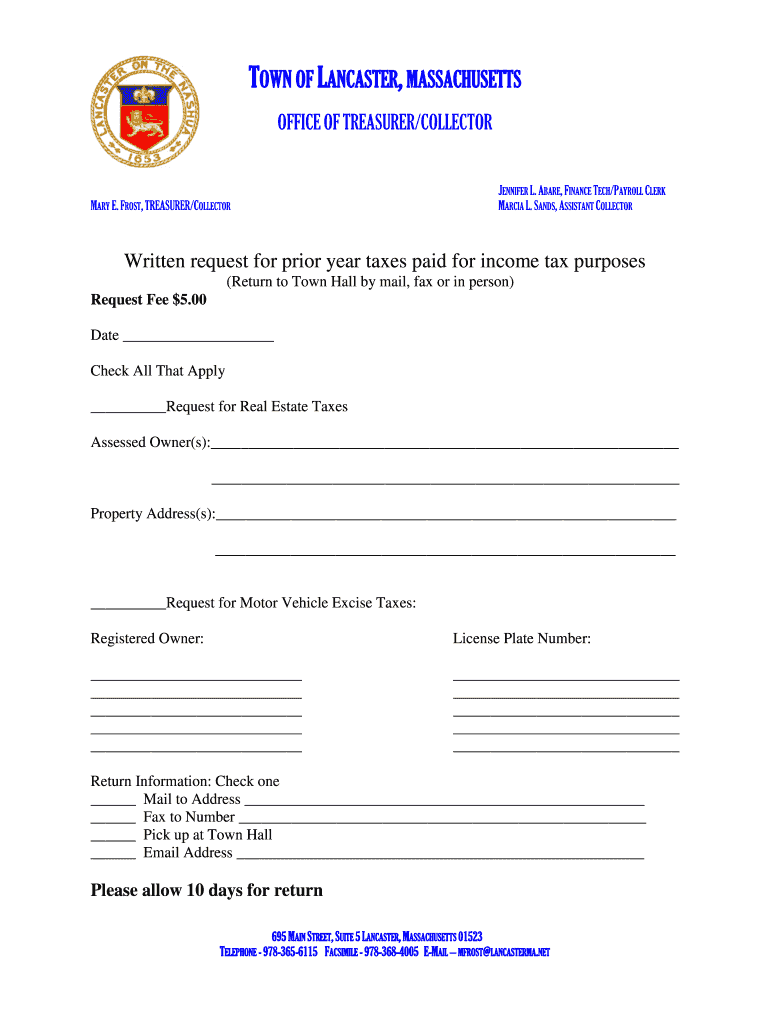Fillable Online TOWN OF LANCASTER, MASSACHUSETTS OFFICE OF TREASURER