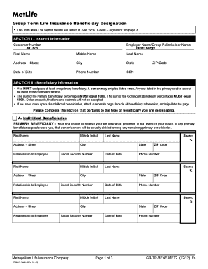 Group Term Life Insurance Beneficiary Designation Form