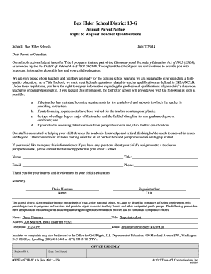 Annual Parent Notice Right to Request Teacher Qualifications