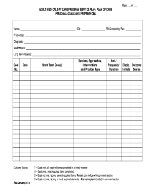 Adult Medical Day Care Program Service Plan