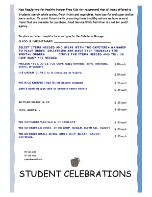 Student Celebration Food Order Form