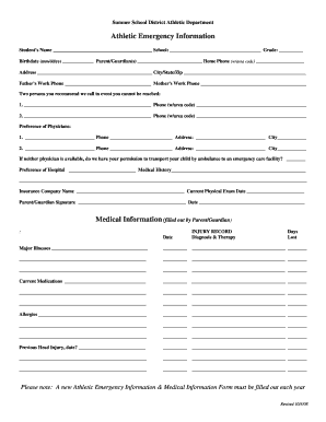 Sumner School District Athletic Emergency Information Form