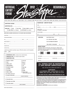 2012 Showstopper Dance Competition Entry Form