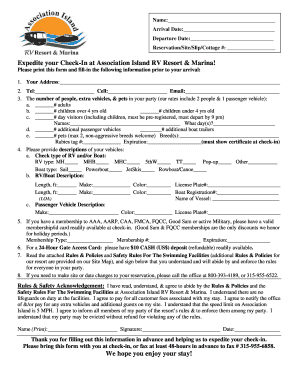 Association Island RV Resort Check-In Form