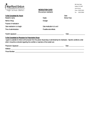 School Medication Card