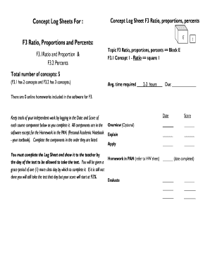 Concept Log Sheet for Ratio, Proportions, Percents
