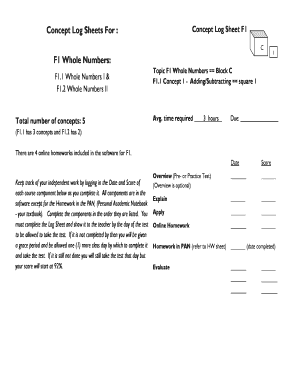Concept Log Sheet for Whole Numbers