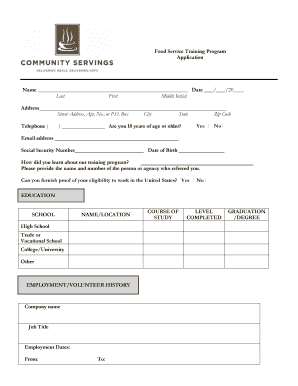 Food Service Training Program Application