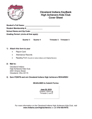 Cleveland Indians High Achievers Kids Club Reading Form