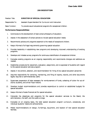 Special education service log template - Class Code 0050 JOB DESCRIPTION DIRECTOR OF SPECIAL EDUCATION