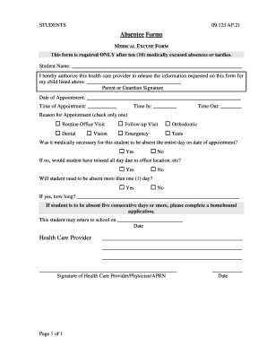 Medical Excuse Form for Student Absences
