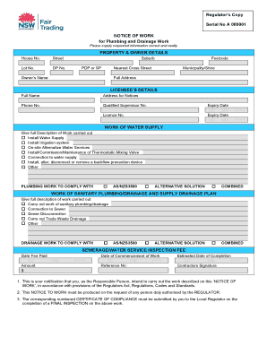 Notice of Work for Plumbing and Drainage