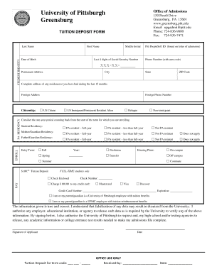 University of Pittsburgh Tuition Deposit Form