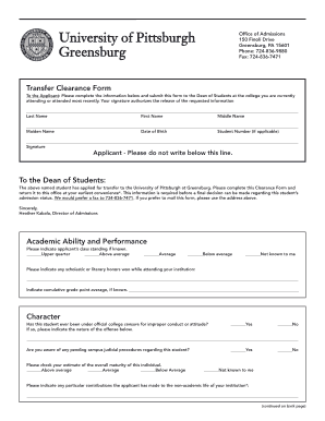 University of Pittsburgh Transfer Clearance Form