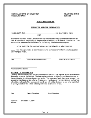New Jersey Substance Abuse Report of Medical Examination