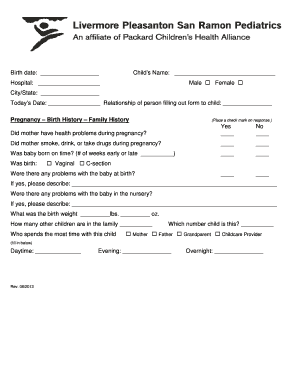 Child Health History Form