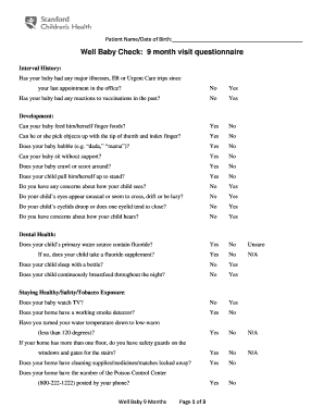 Well Baby 9 Month Visit Questionnaire