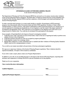 Owner/Manager Letter Regarding Fraud in Section 8 Housing