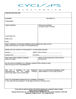 Cyclops Electronics Job Application Form