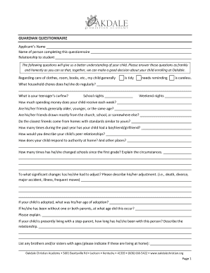 Guardian Questionnaire for Student Enrollment
