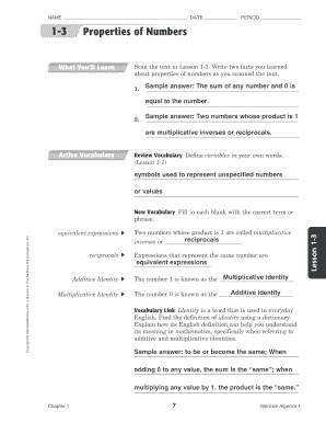 Algebra 1 Lesson 1-3 Worksheet