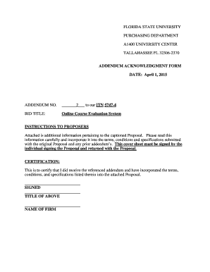 Florida State University Addendum Acknowledgement Form