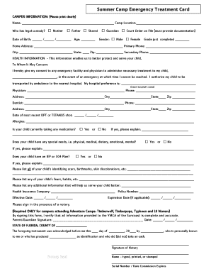 Summer Camp Emergency Treatment Card