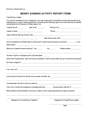 Girl Scouts Money Earning Activity Report Form