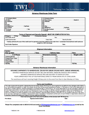 Advance Warehouse Order Form