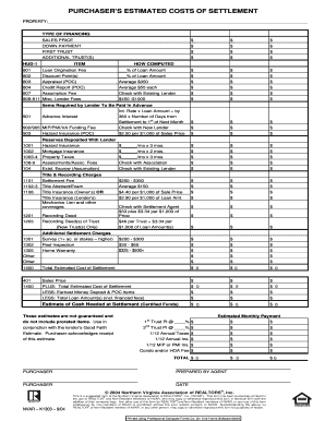 Purchaser's Estimated Costs of Settlement