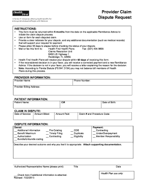 Health First Provider Claim Dispute Request