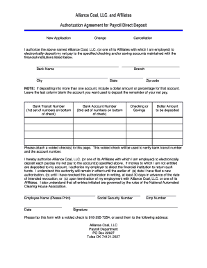 Alliance Coal Payroll Direct Deposit Authorization