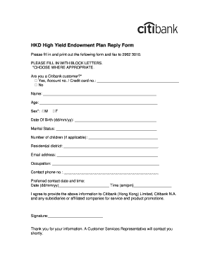 HKD High Yield Endowment Plan Reply Form