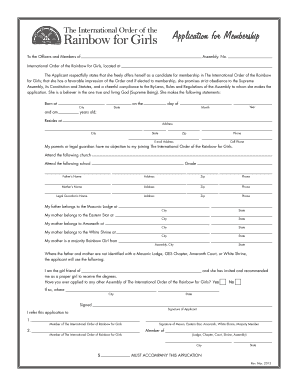 International Order of the Rainbow for Girls Application for Membership