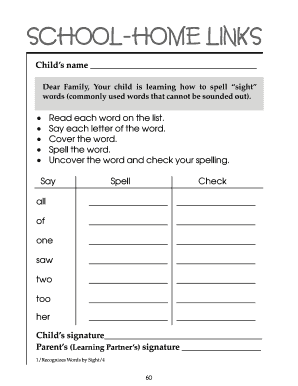 School-Home Sight Words Practice Form