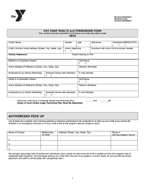 Day Camp Health and Permission Form