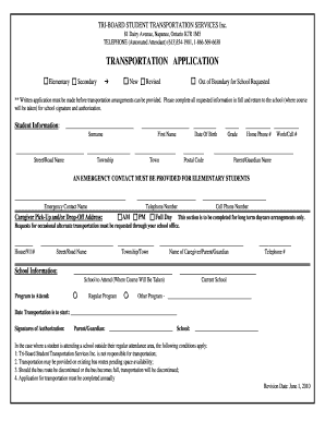Student Transportation Application Form