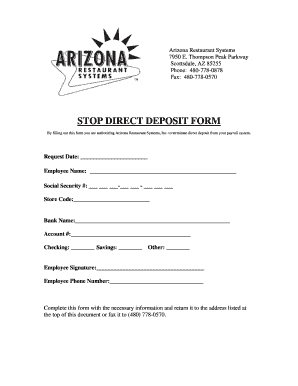 Arizona Restaurant Systems Direct Deposit Termination Form
