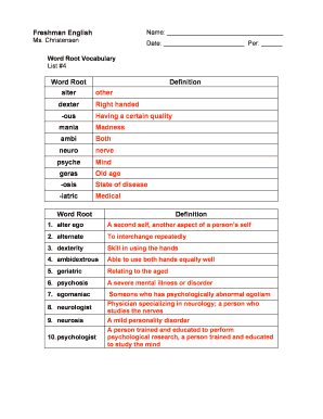 Freshman English Word Root Vocabulary Worksheet