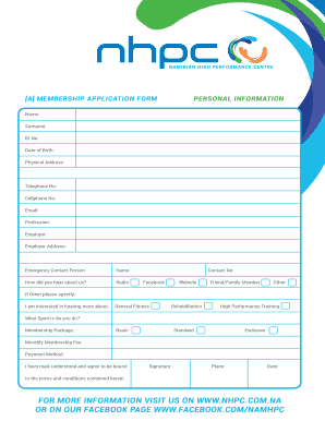 Namibia Gym Membership Application Form