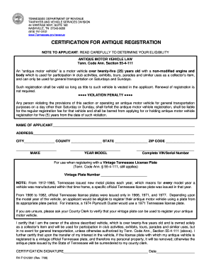 Tennessee Antique Motor Vehicle Registration