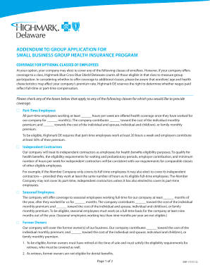 Addendum to Group Application for Small Business Health Insurance