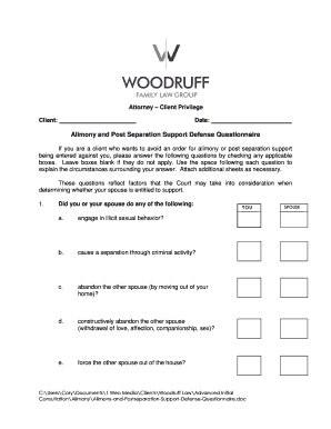 Alimony and Post Separation Support Defense Questionnaire