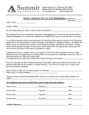 30 Day Notice to Vacate Property