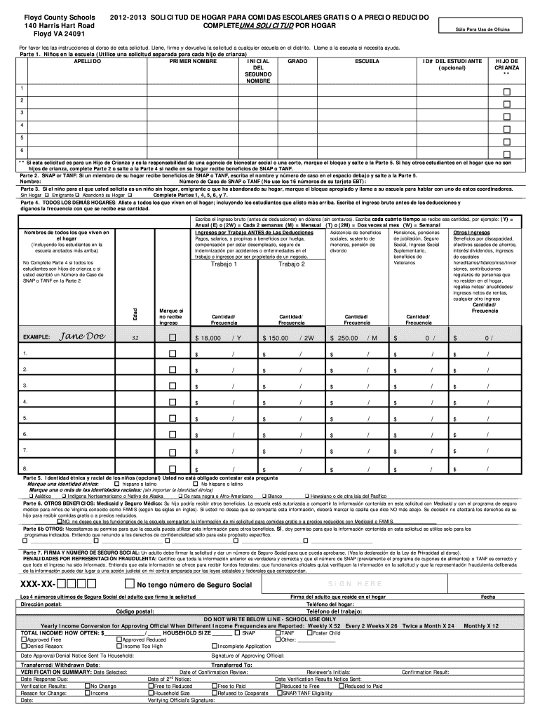 SY 12-13 Free and Reduced Price Meals Household Application - SPANISH Worddoc Vista previa en la página 1