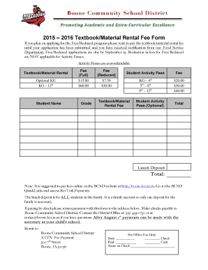 Boone Community School District Textbook Rental Fee Form