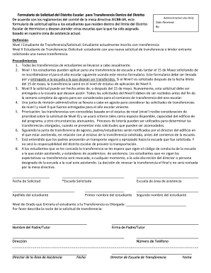 Formulario de Solicitud del Distrito Escolar para Transferencia Dentro del Distrito