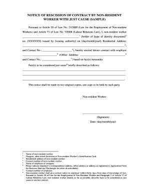 Notice of Rescission of Contract by Non-Resident Worker