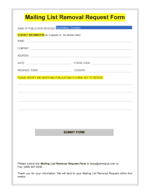 Mailing List Removal Request Form