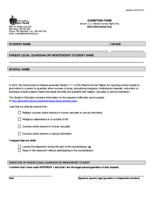 Formulaire d'exemption de la Loi sur les droits de la personne de l'Alberta